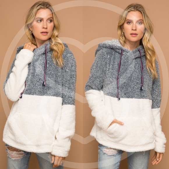 Bellanblue Tops - GEORGIA Color Block Faux Fur Hoodie Top - CHARCOAL